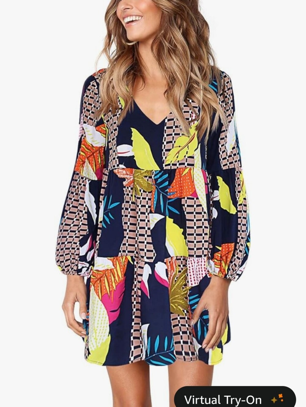 Amazon Navy Multicolor Floral Print V-Neck Babydoll Dress